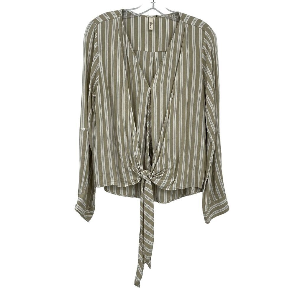 Elan Top Women's M Tan White Stripe Cross Over Tie Front Roll Tab Sleeve Breezy